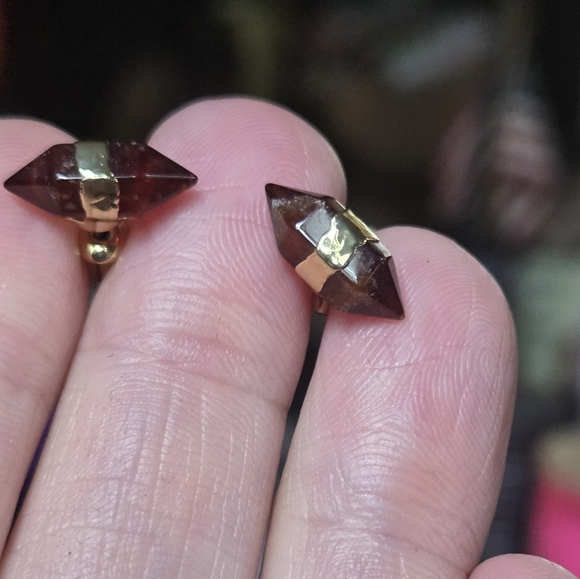 Garnet natural crystal gemstone pillar sterling & gold earrings - Picture 5 of 9